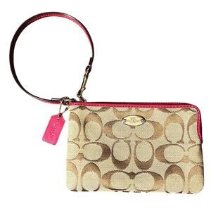 Coach Corner Zip Wristlet Signature Canvas w/ Pink Leather & Lining F64643
